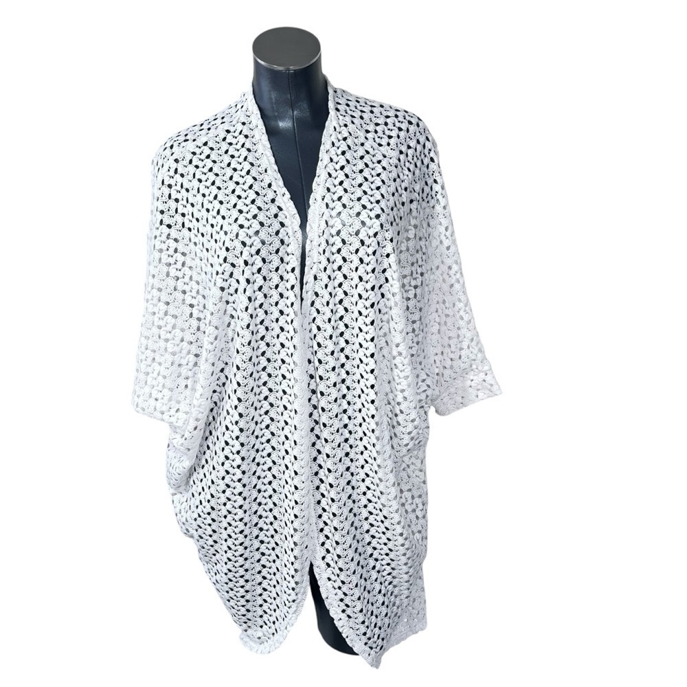 BOBEAU White Crochet Open Front Tunic Cardigan Swimsuit Cover-up Women's Size L - Picture 1 of 12